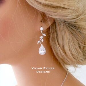 Wedding Earrings Vine Bridal Leaf Teardrop CZ Prom Mother of the Bride